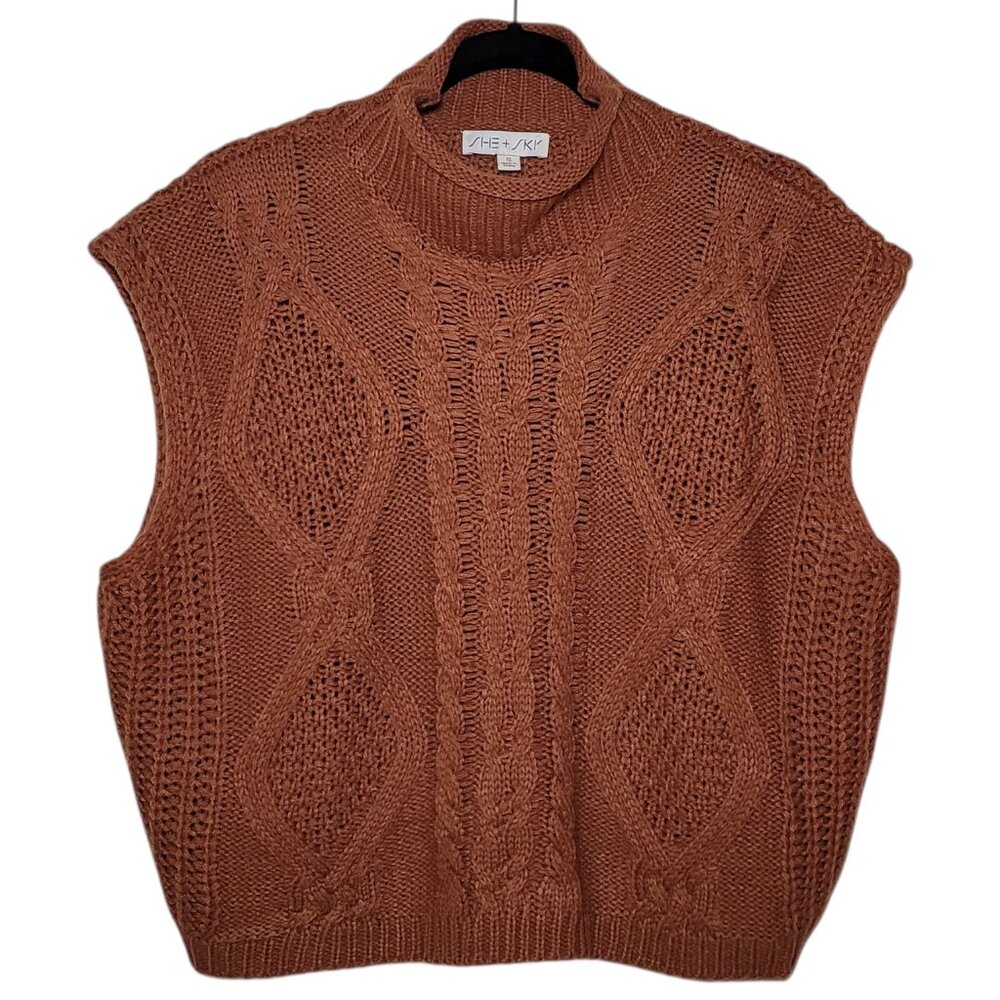 SHE + SKY Sweater Vest Sleeveless Cable Knit Rust Small Boho Preppy